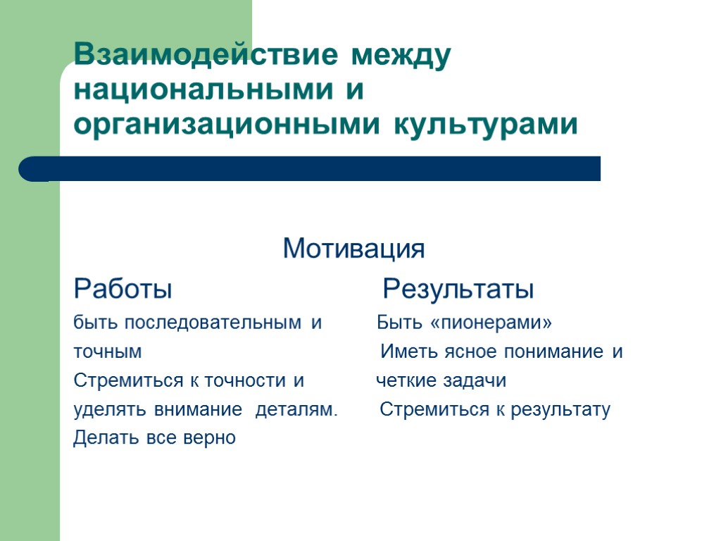 Взаимодействие между национальными и организационными культурами Мотивация Работы Результаты быть последовательным и Быть «пионерами»